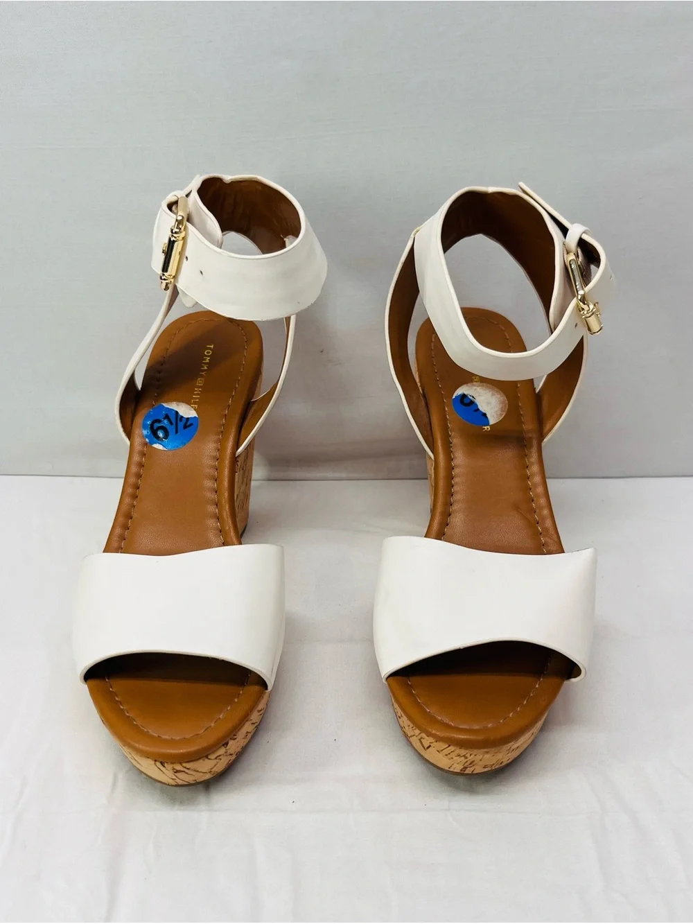 Tommy Hilfiger White Ankle-Strap Cork Wedge Sandals